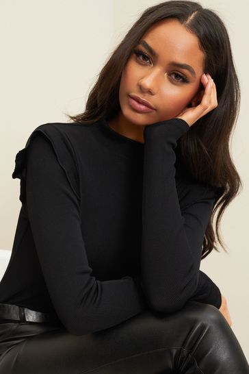 Long Sleeve Frill Rib High Neck Top