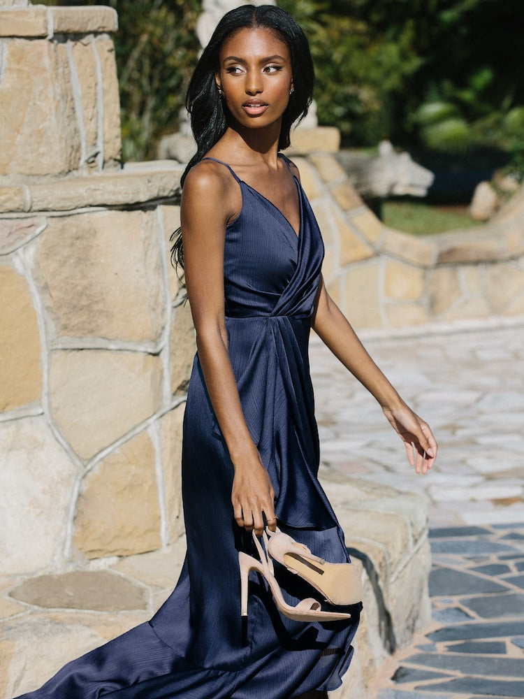 Navy Wrap Ruffle Midi Dress