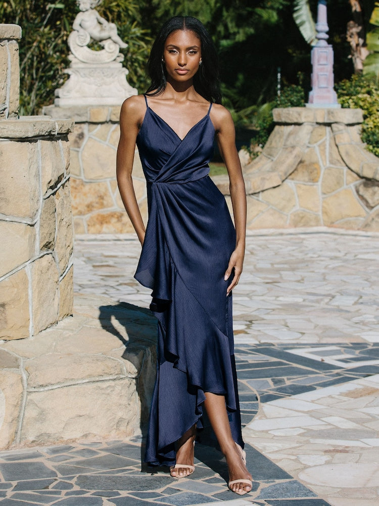 Navy Wrap Ruffle Midi Dress