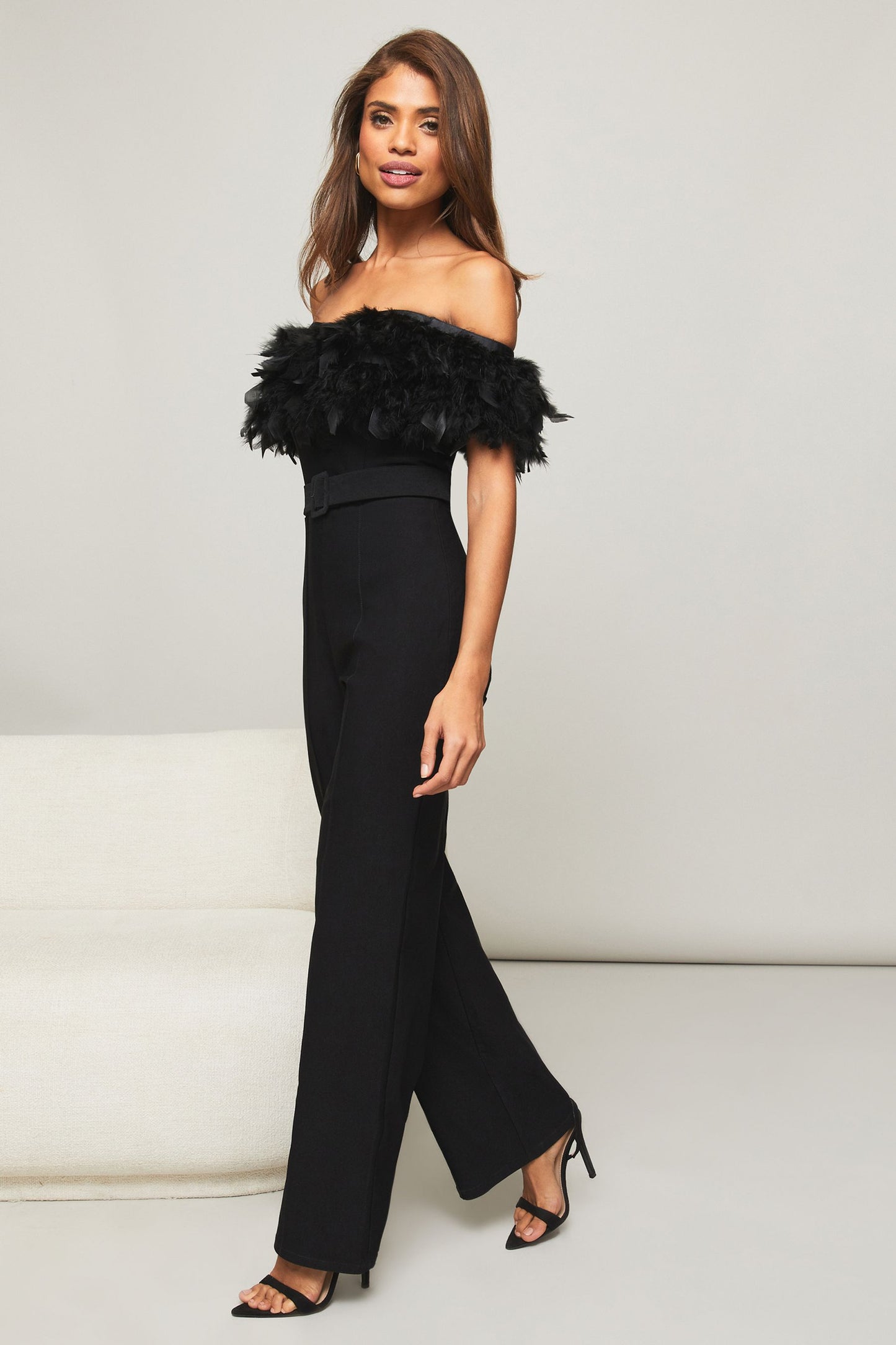 Premium Feather Wide Leg Belted Jumpsuit Black