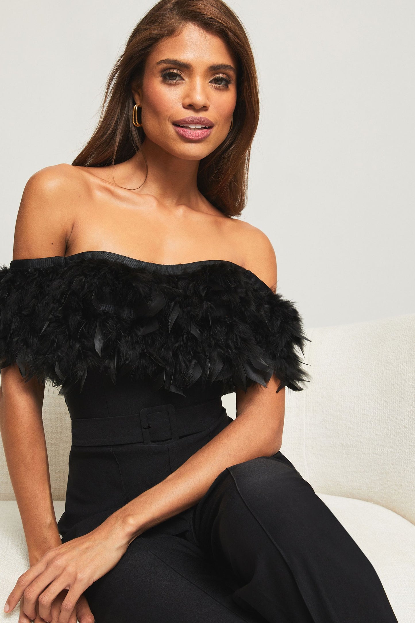 Premium Feather Wide Leg Belted Jumpsuit Black