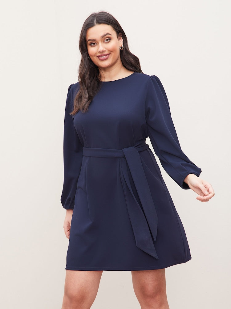 Navy Curve Long Sleeve Round Neck Tie Waist Shift Dress