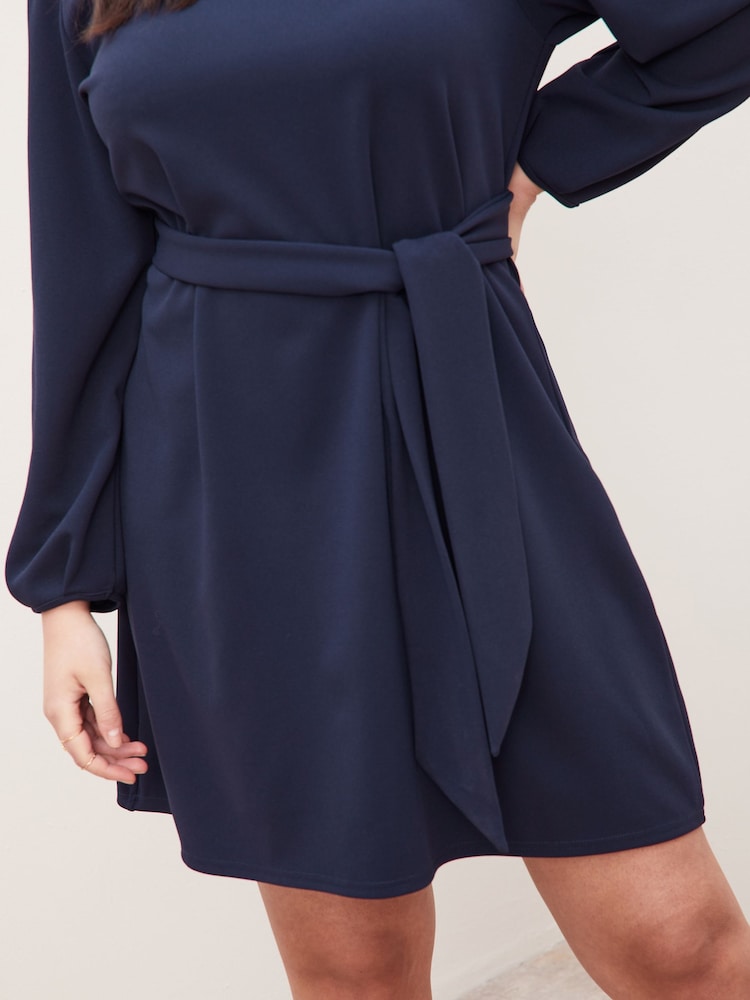 Navy Curve Long Sleeve Round Neck Tie Waist Shift Dress