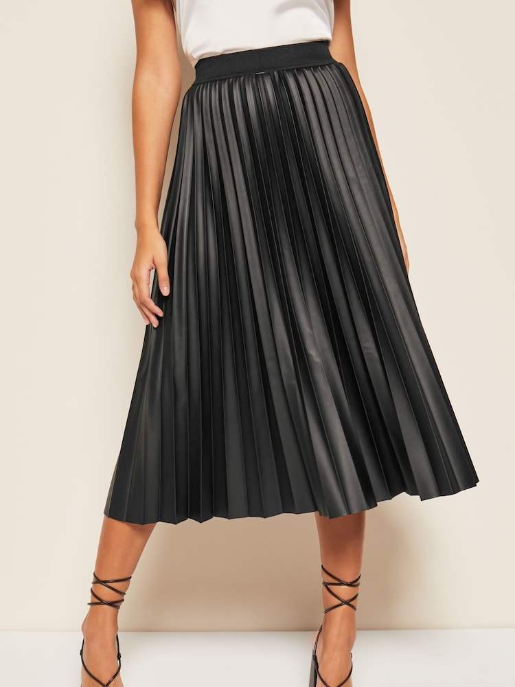 Black Faux Leather Pleated Summer Midi Skirt
