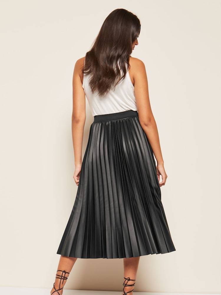 Black Faux Leather Pleated Summer Midi Skirt