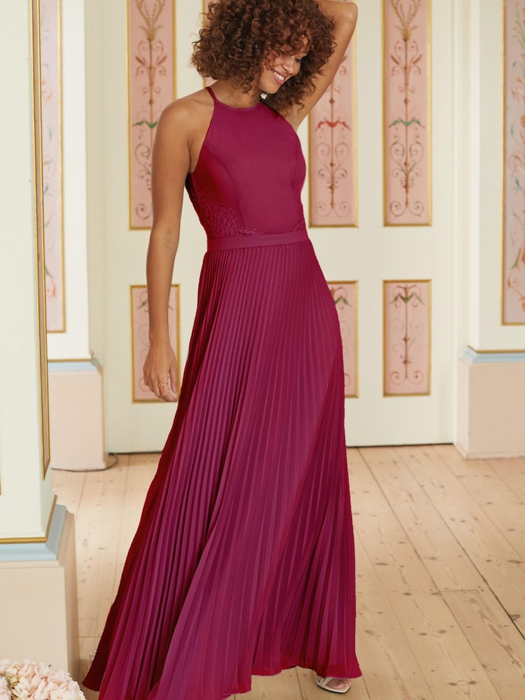 Burgundy Red Pleated Lace Insert Maxi Dress