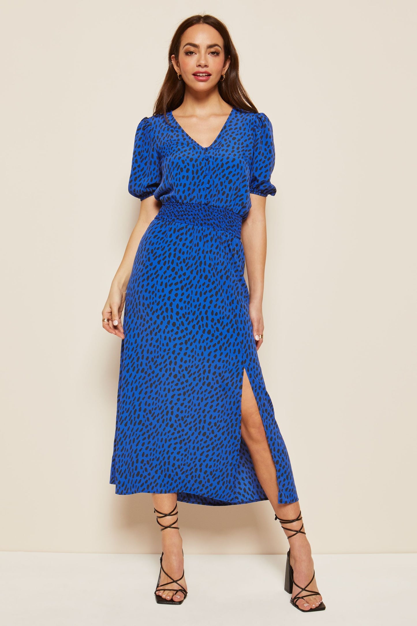 Puff Sleeve Ruched Waist V Neck Midi Dress