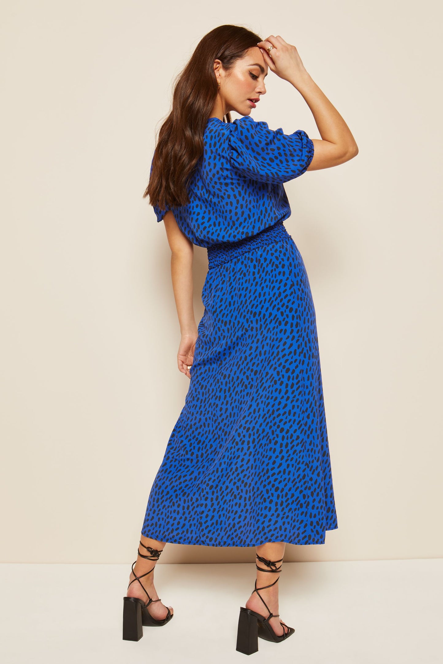 Puff Sleeve Ruched Waist V Neck Midi Dress