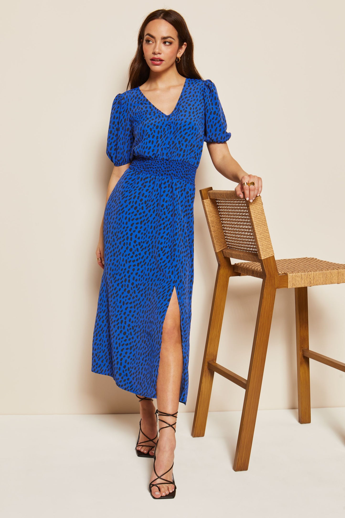 Puff Sleeve Ruched Waist V Neck Midi Dress