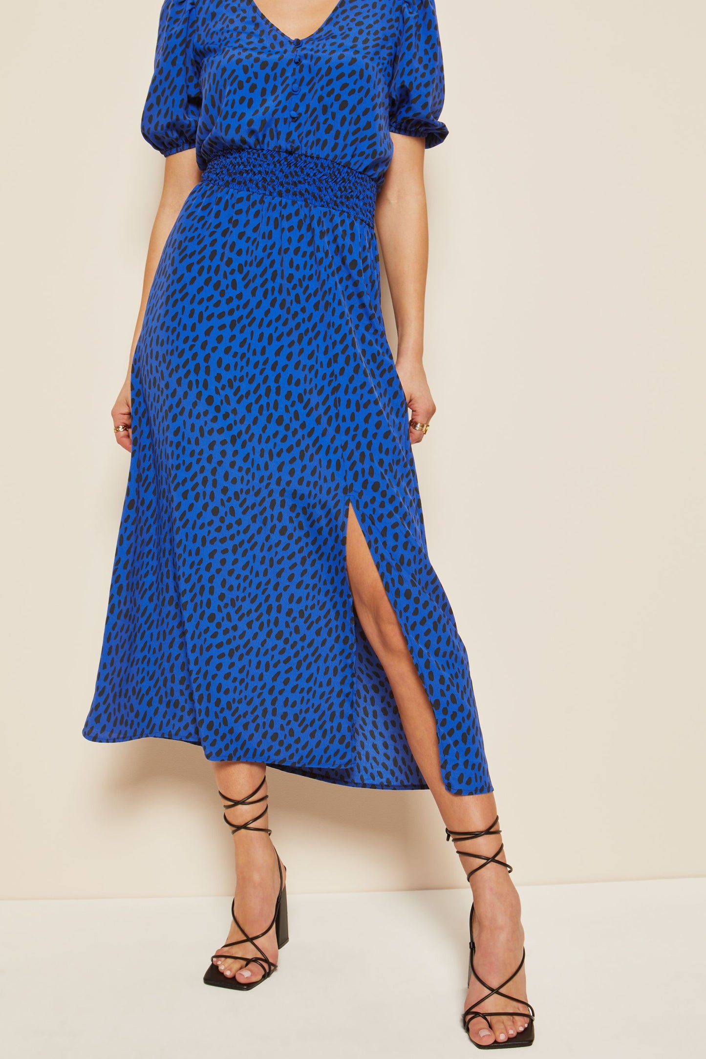 Puff Sleeve Ruched Waist V Neck Midi Dress