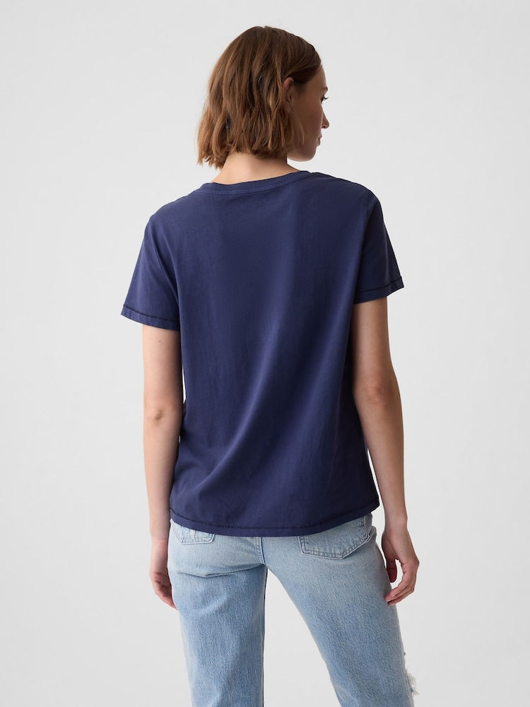 Navy Blue Crew Neck Vintage Short Sleeve T-Shirt