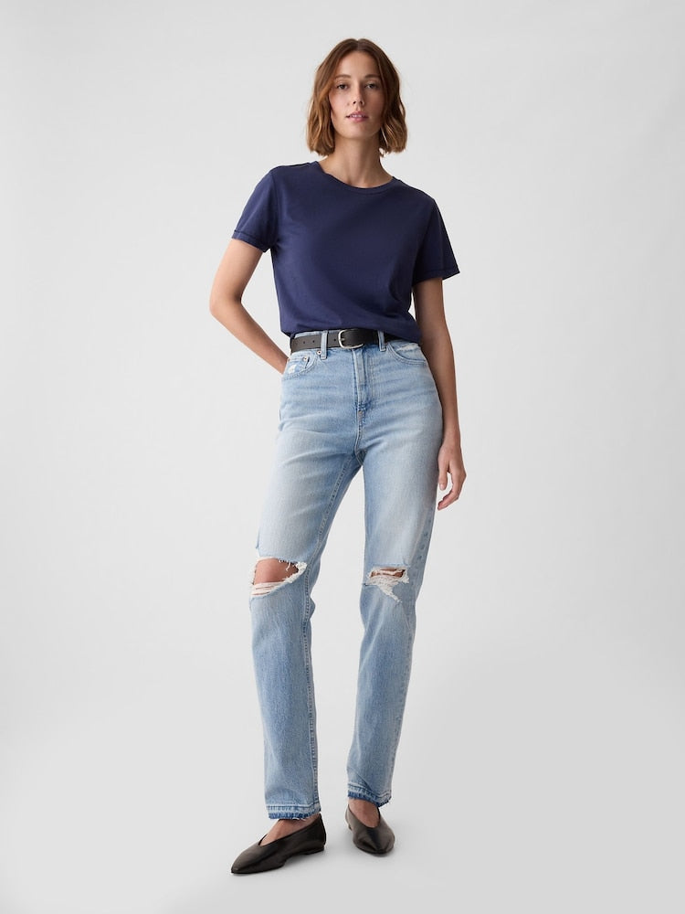 Navy Blue Crew Neck Vintage Short Sleeve T-Shirt