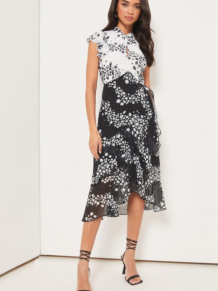 Mono Spotted Keyhole Fit And Flare Dress
