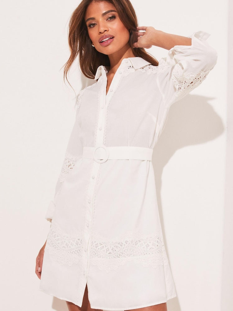 White Long Sleeve Lace Insert Belted Shirt Dress