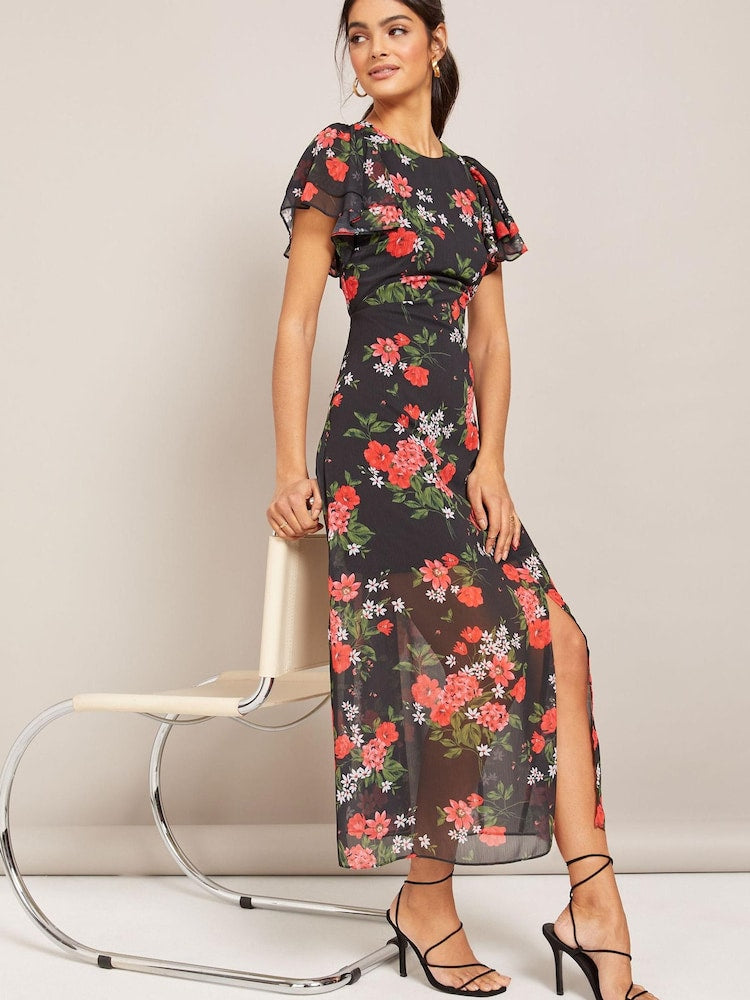 Black Floral Chiffon Flutter Sleeve Midi Dress
