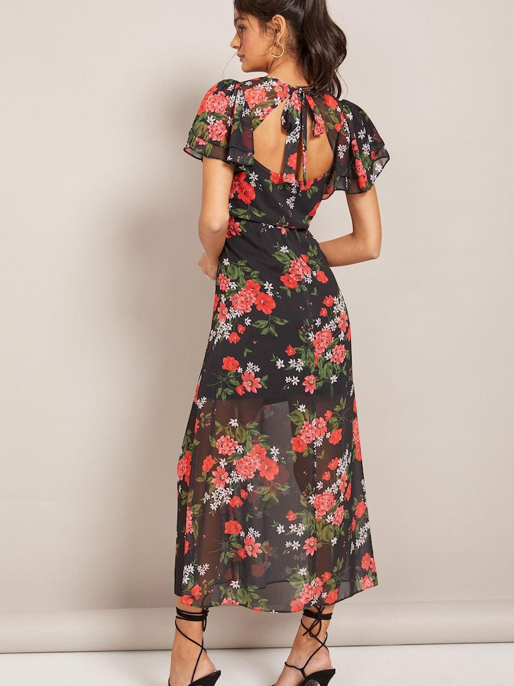 Black Floral Chiffon Flutter Sleeve Midi Dress