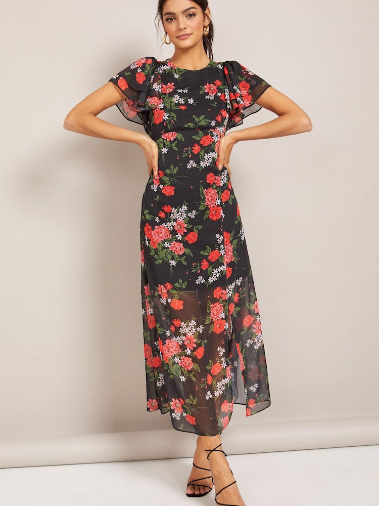 Black Floral Chiffon Flutter Sleeve Midi Dress
