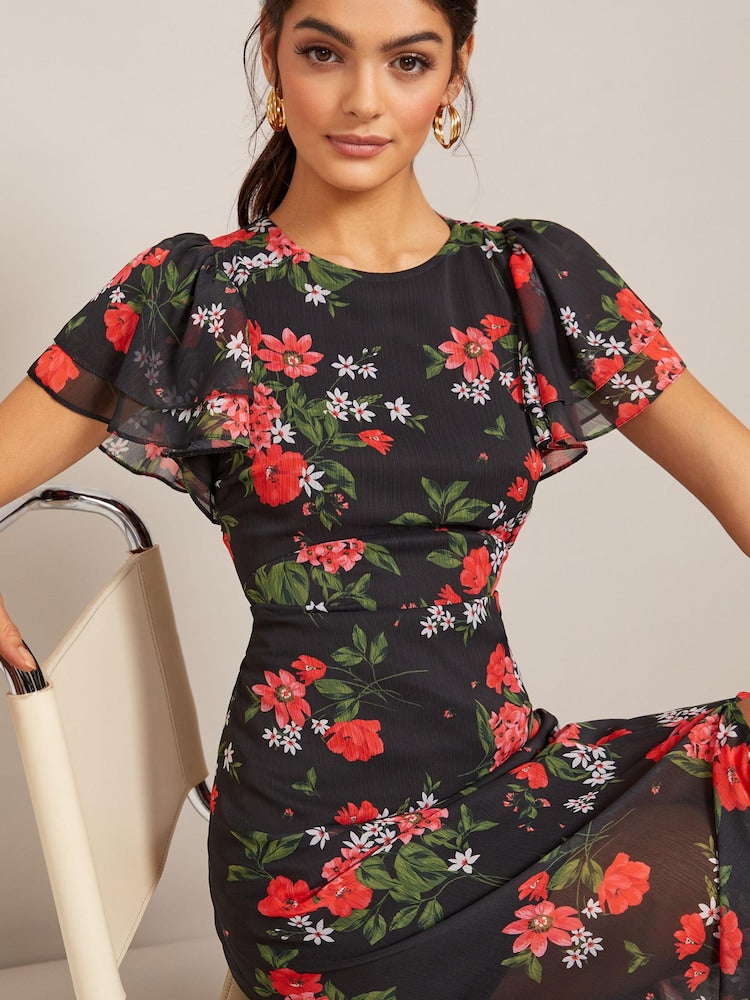 Black Floral Chiffon Flutter Sleeve Midi Dress