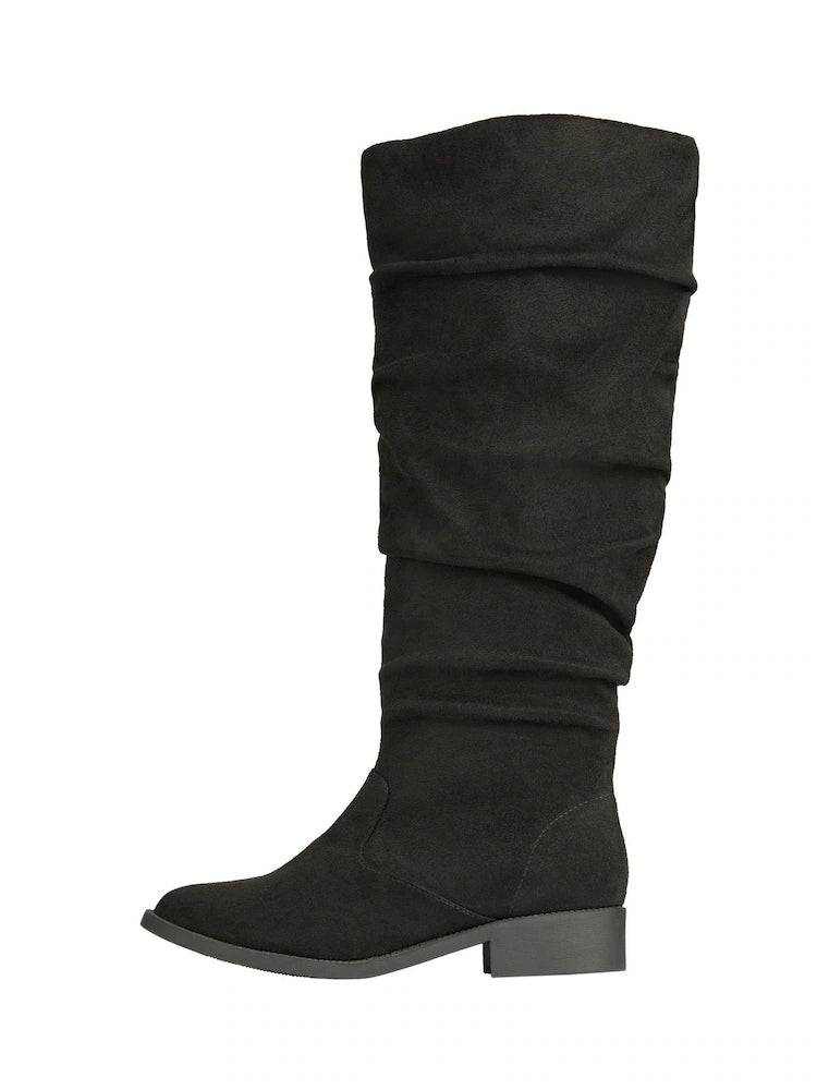Black Regular Fit Suedette Ruched Knee High Boot