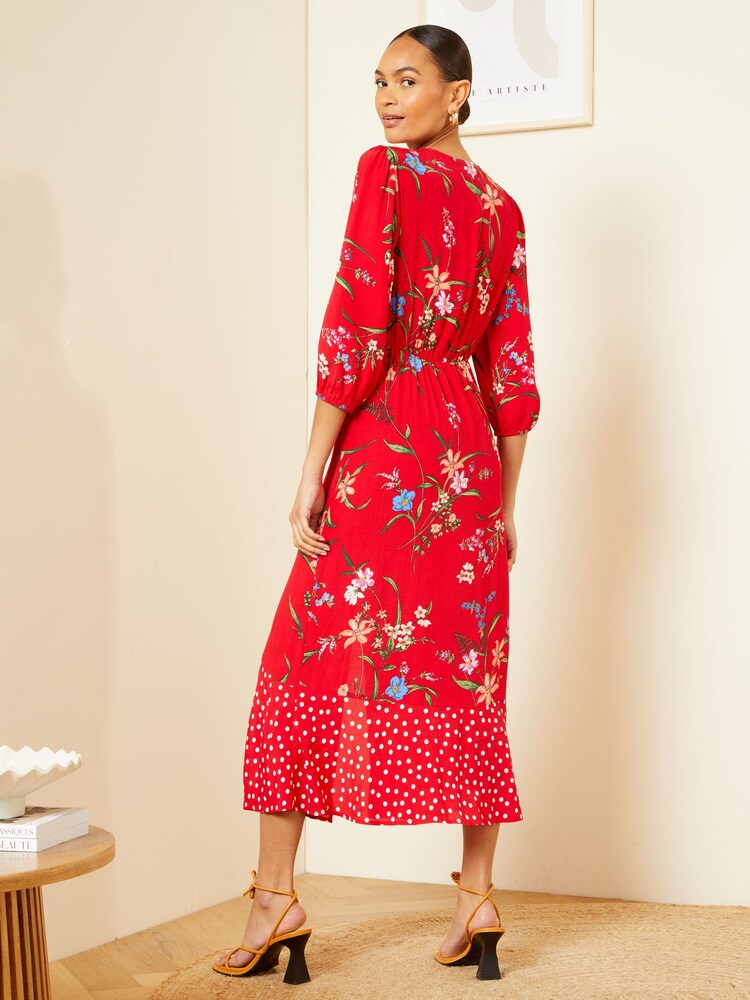 Love & Roses Red Patched Floral V Neck Twist Front Long Sleeve Midi Dress