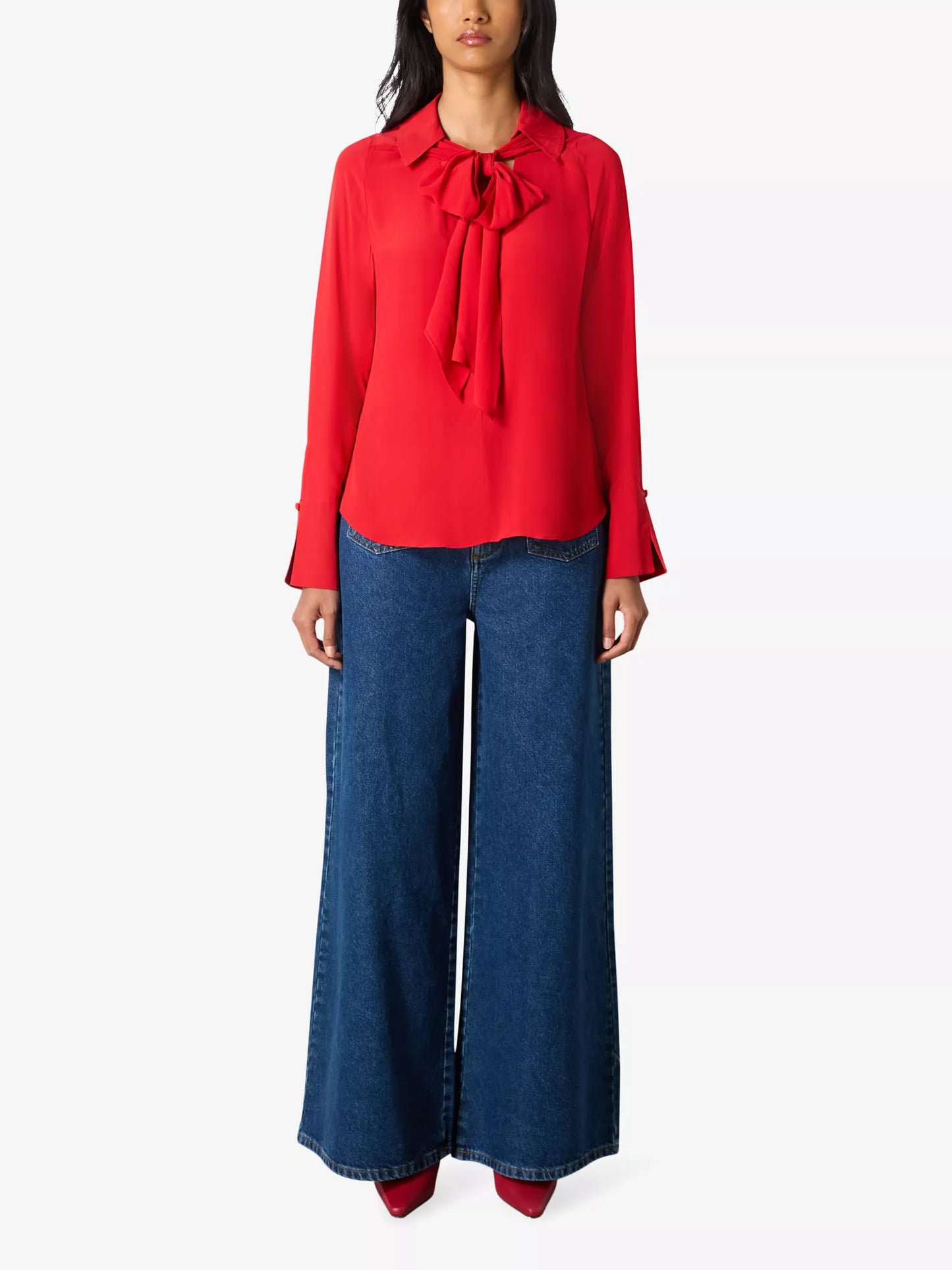 Tie-neck V-neck woven top Red