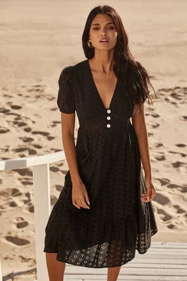 Black Broderie Lace Cotton Midi Dress