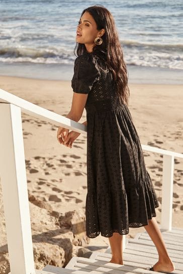 Black Broderie Lace Cotton Midi Dress