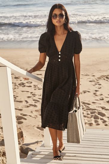 Black Broderie Lace Cotton Midi Dress