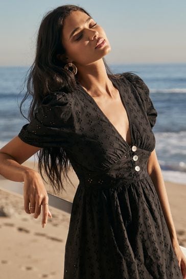 Black Broderie Lace Cotton Midi Dress