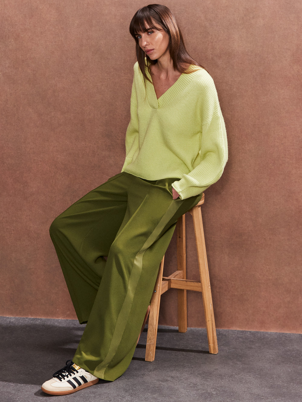Side Stripe Satin Trousers, Olive