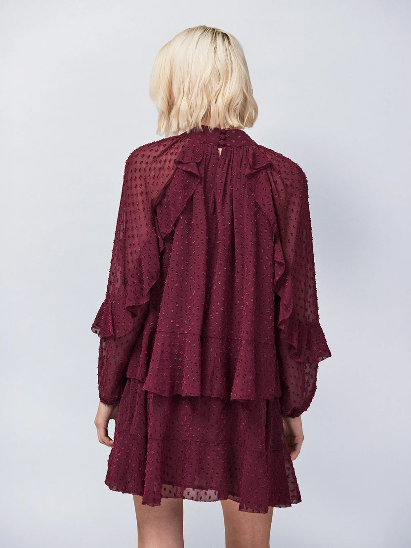 Burgundy Dobby Ruffle Short Dress