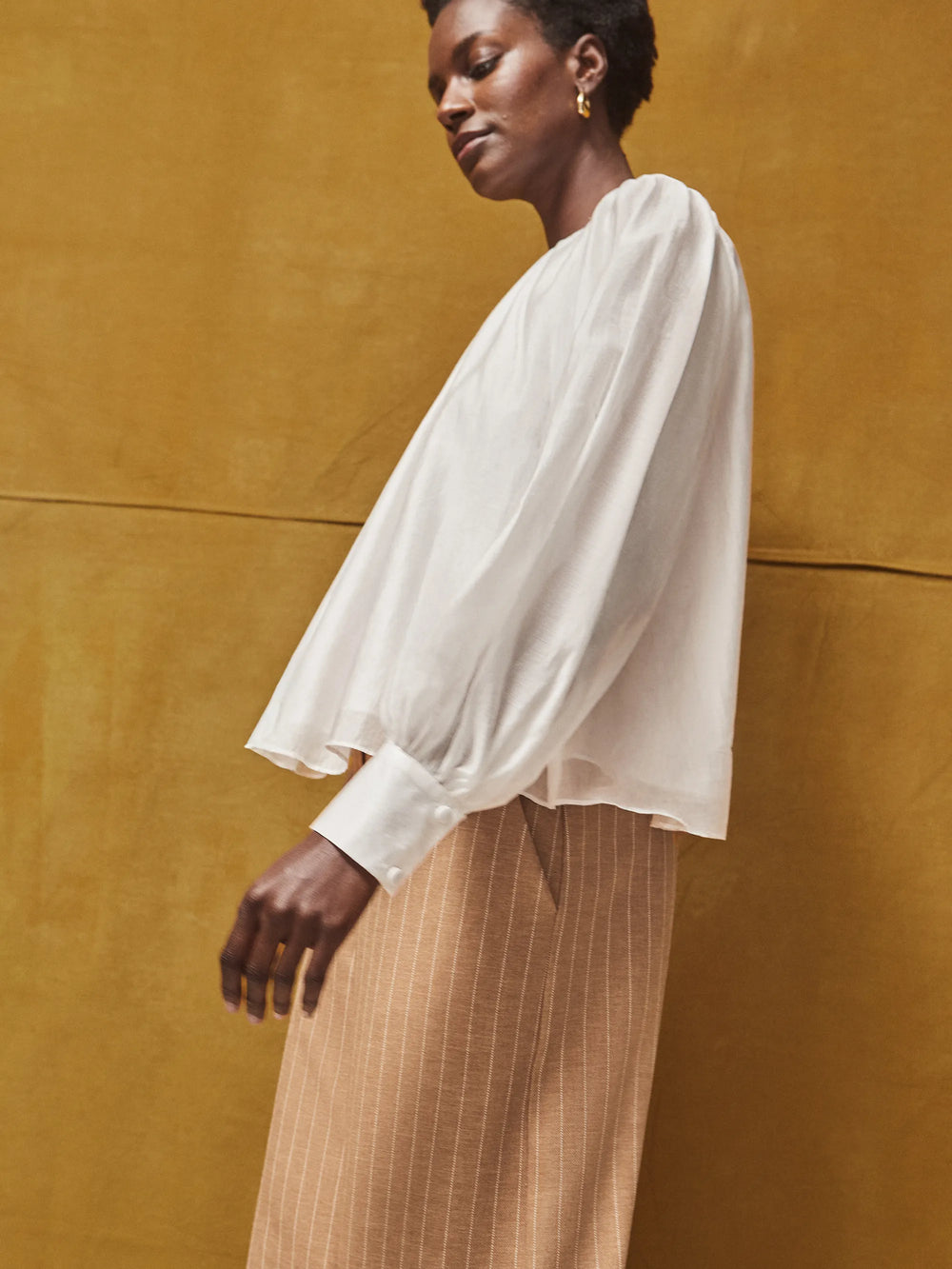 White Gathered Button-Cuff Blouse