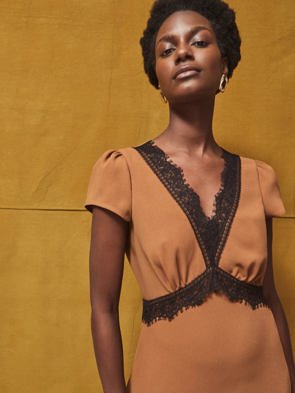 Caramel Lace Trim Dress