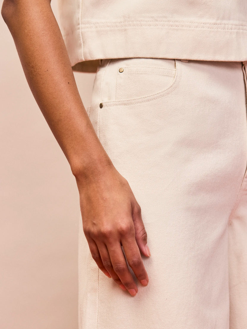Ecru Cotton Twill Wide Leg Jeans