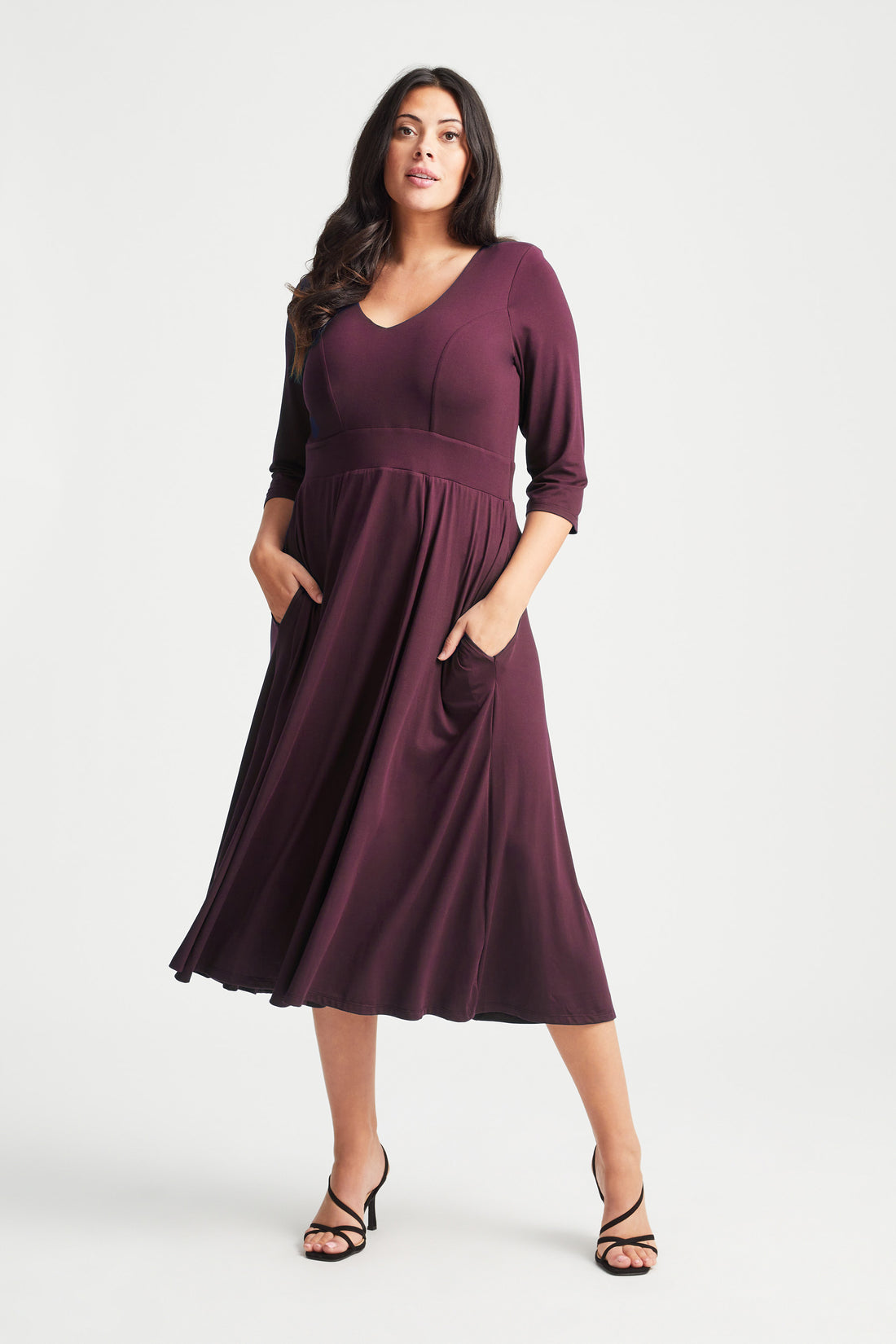Wine V Neck Long Peach Touch Midi Dress