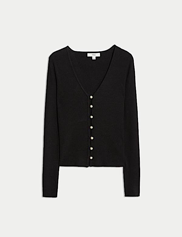 Black Ribbed V-Neck Button Front Cardigan
