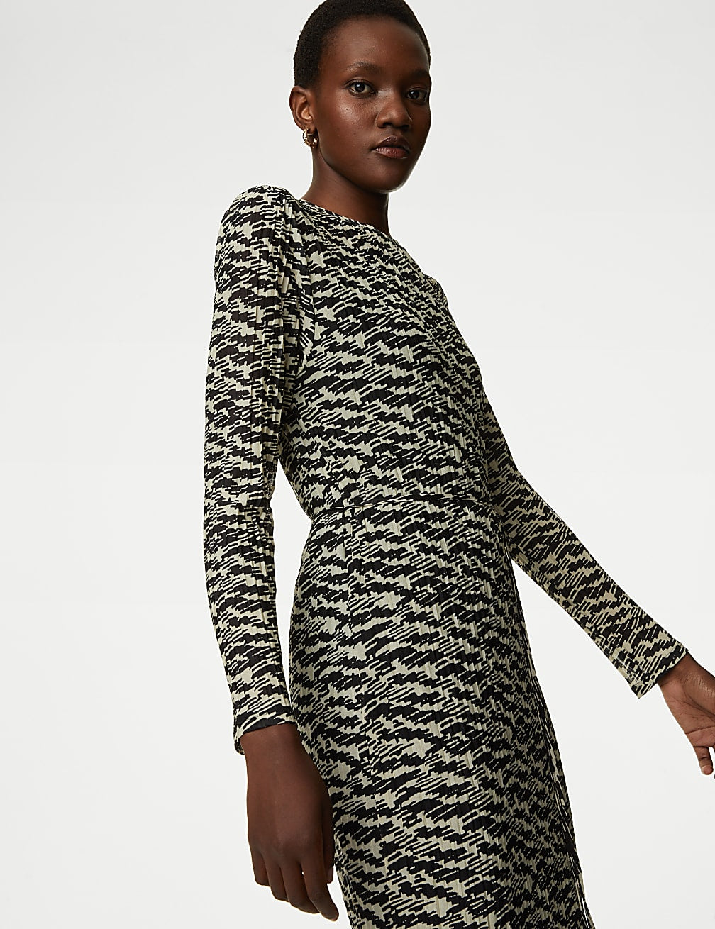 Jersey Printed Round Neck Mesh Midi Column Dress