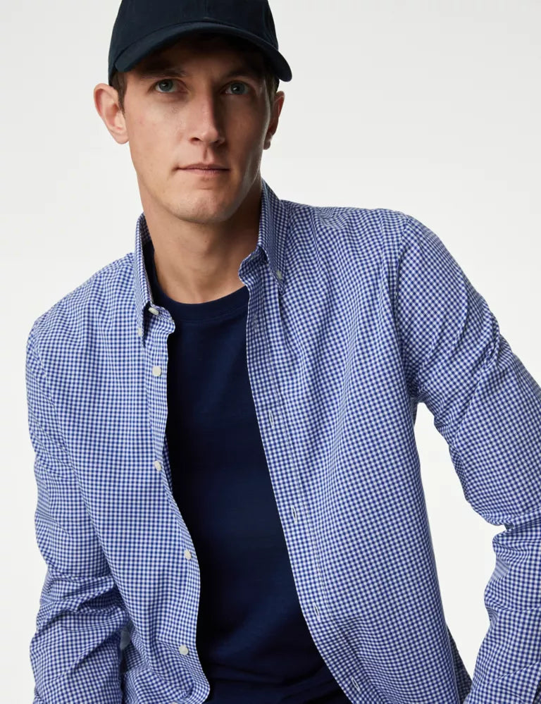 Easy Iron Cotton Stretch Gingham Oxford Shirt