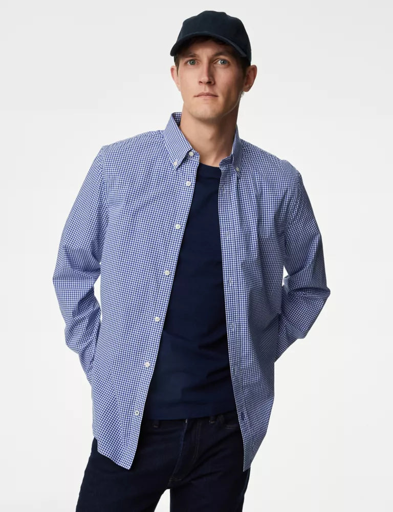 Easy Iron Cotton Stretch Gingham Oxford Shirt