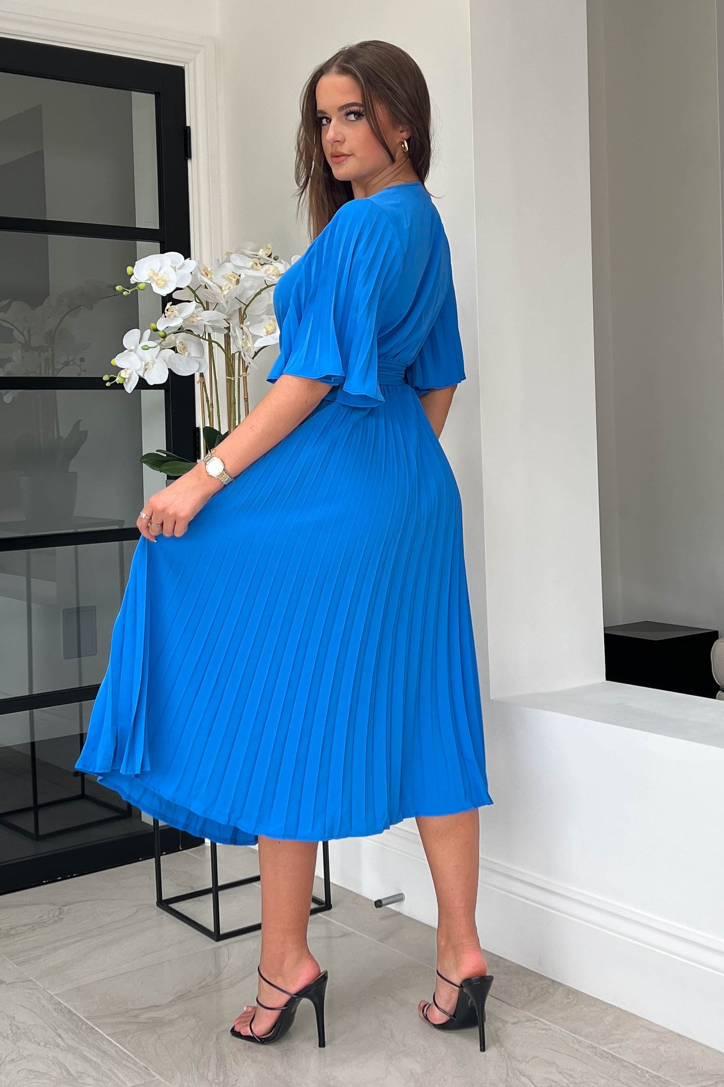 Blue Felicia Pleated Midi Dress