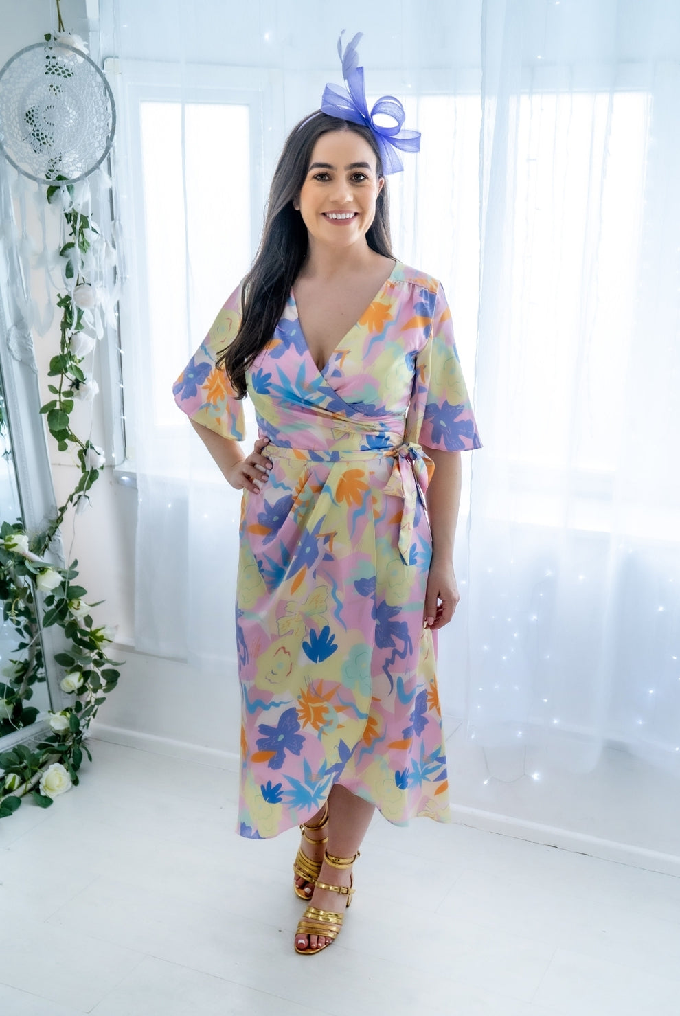 Wrap Front Leaf Print Midi Dress