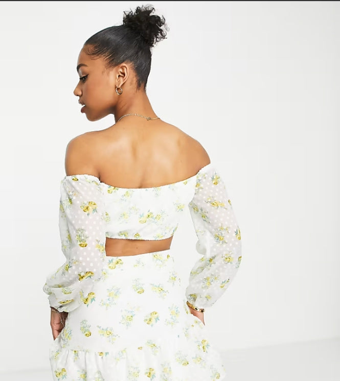 Miss Selfridge dobby chiffon bardot crop top in floral print