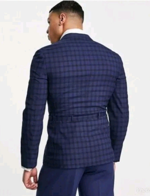 Skinny Belted Suit With Dark Blue Windowpane