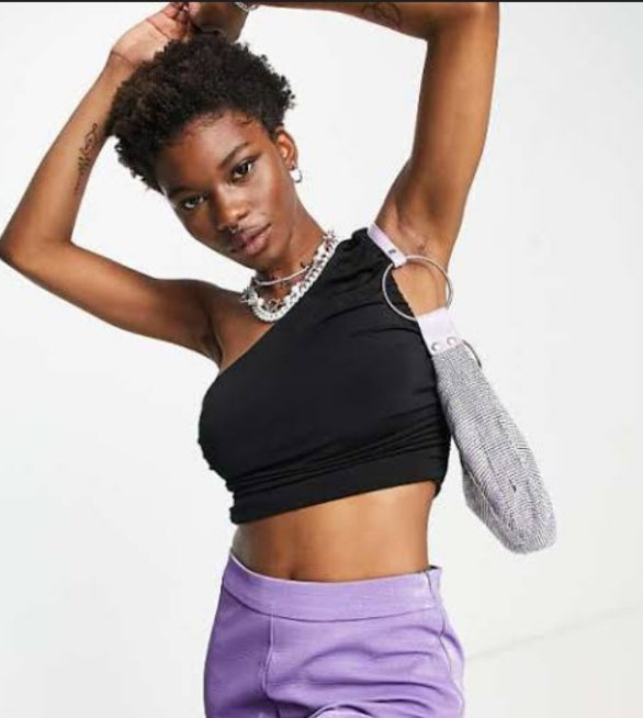 One Shoulder Gathered Crop Top In Black