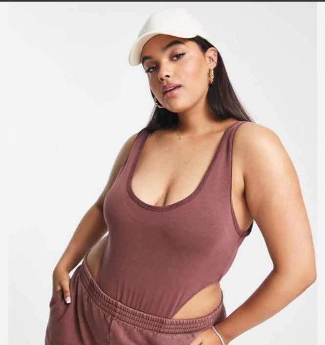 Curve Sleeveless Washed Bodysuit in Brown
