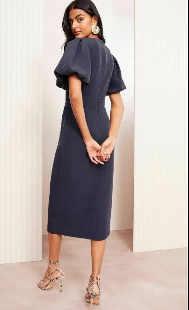 Navy Notch Neck Tailored Midi Dress