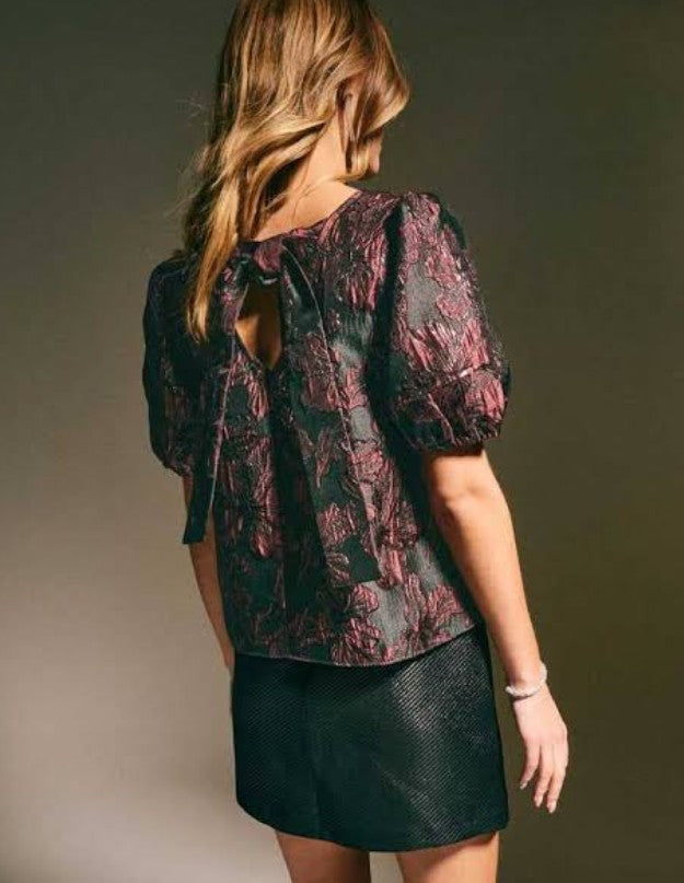 Dark Burgundy Floral Jacquard Short Sleeve Top