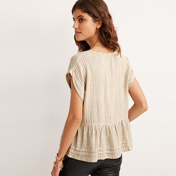 Neutral Stripe Linen Blend Button Through Top