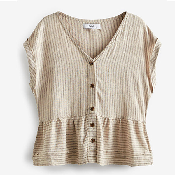 Neutral Stripe Linen Blend Button Through Top