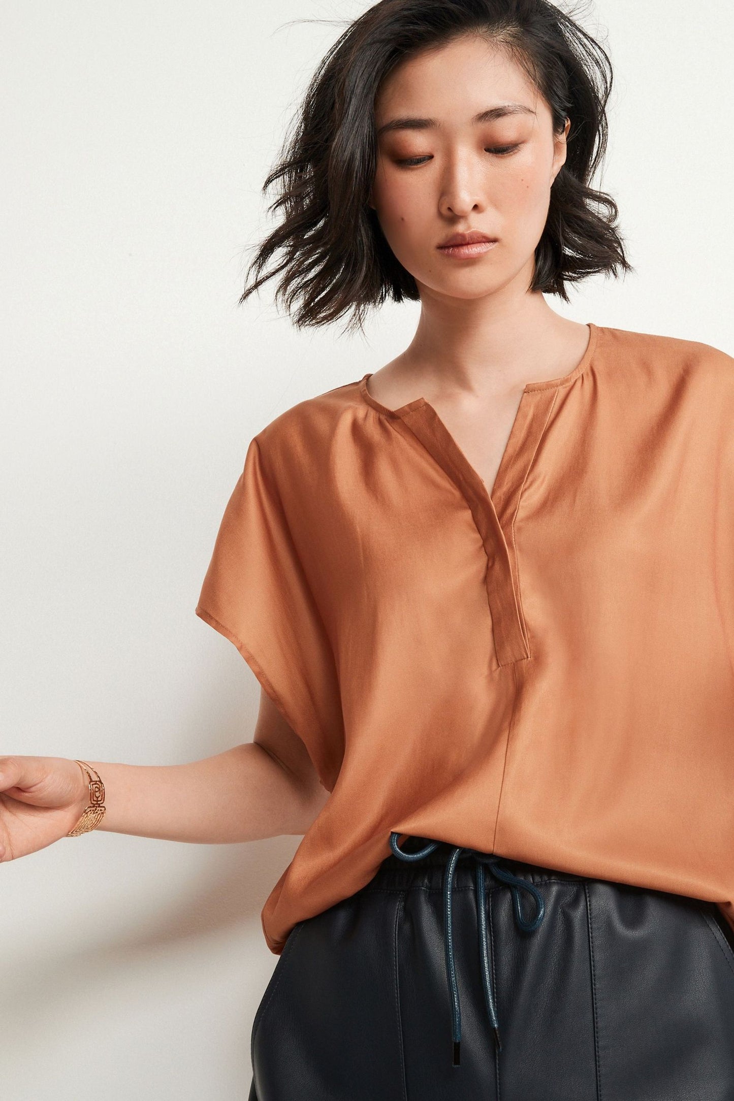 Satin V-Neck Top Camel Brown
